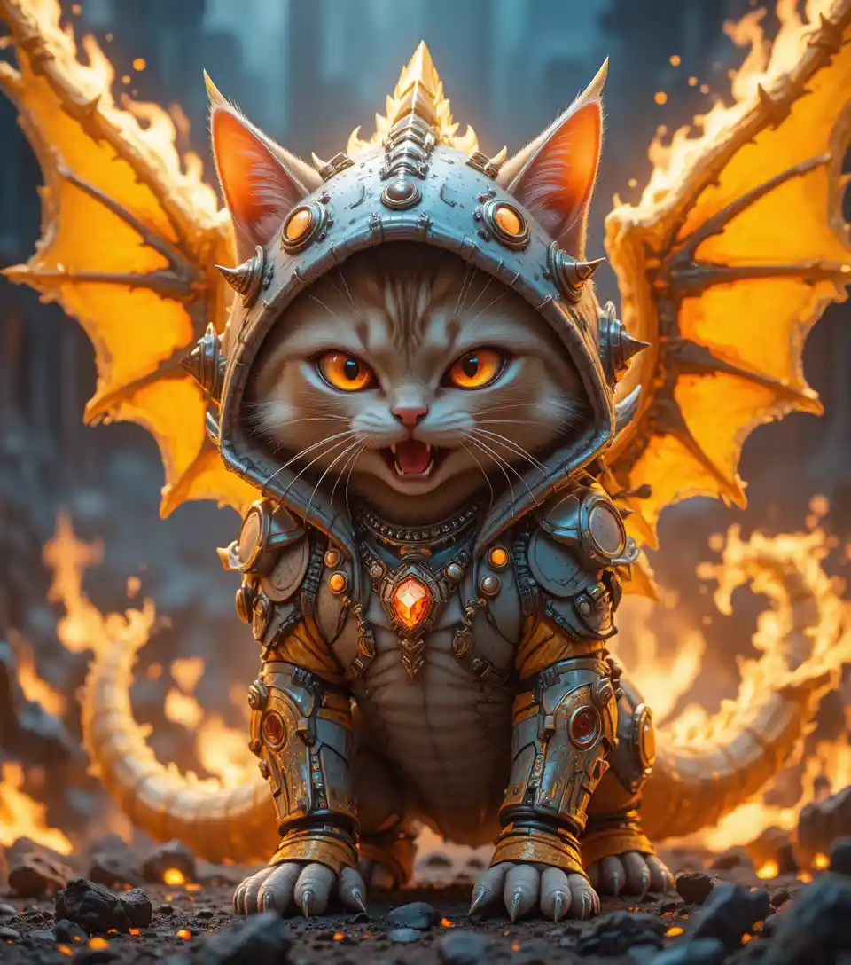 Gatto anime feroce con ali di drago in una tempesta di fuoco infuocata