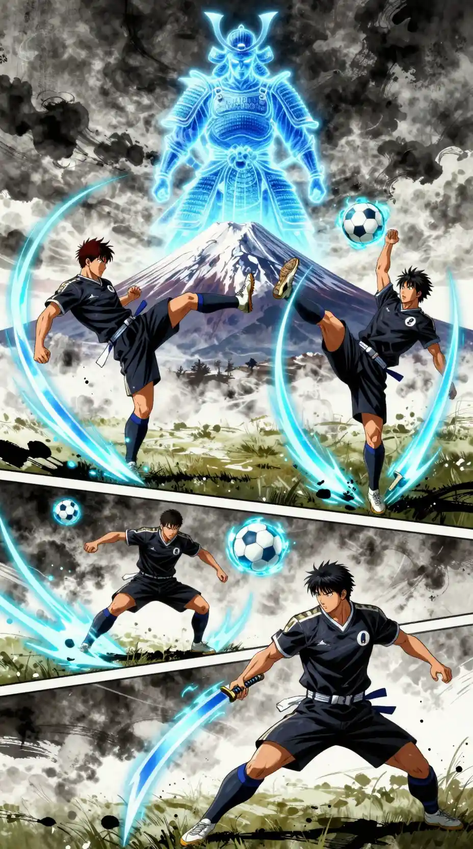 Japanese soccer players performing epic anime style moves