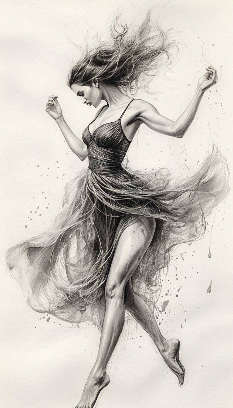 Ethereal female dancer in dynamic graphite vortex motion