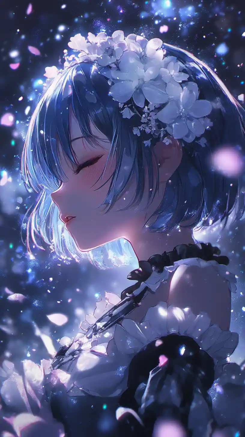 Blue haired anime maid girl in serene cosmic glow