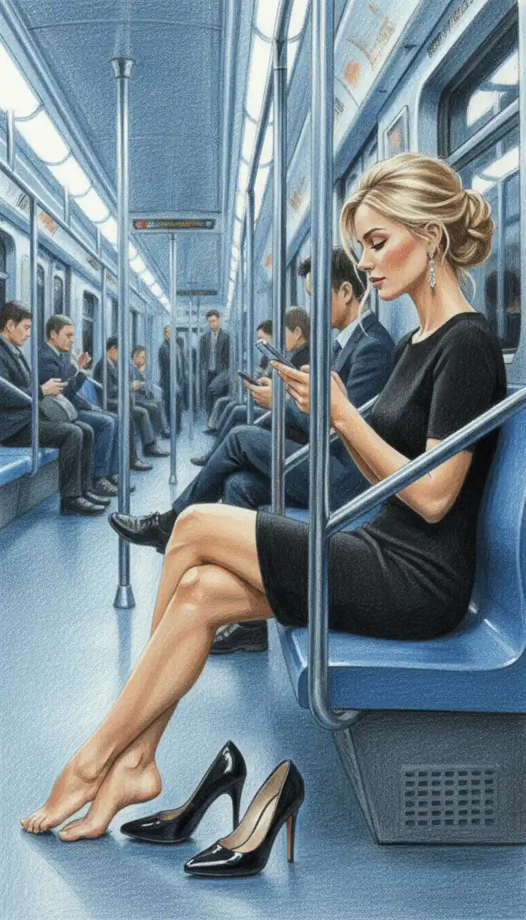 Elegante Frau, die barfuß in einer vollen U‑Bahn entspannt