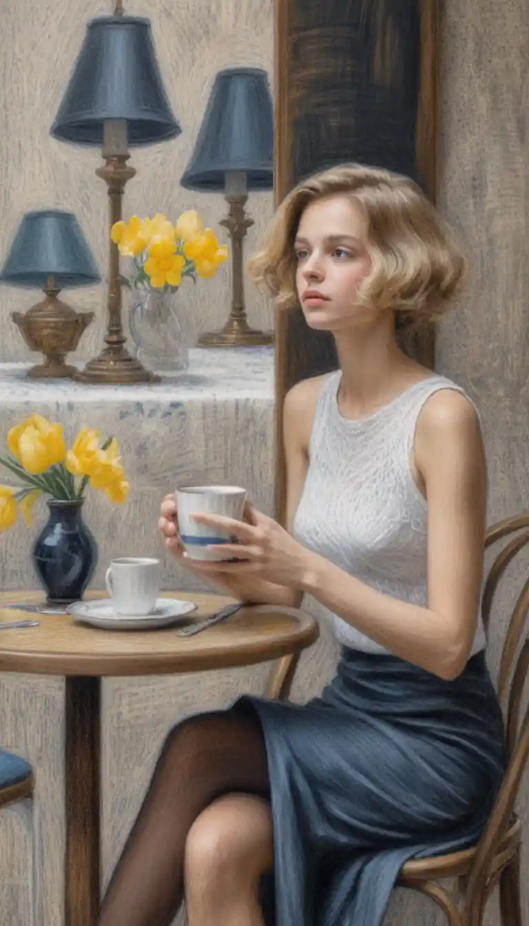 Young woman with coffee in a cozy cafe drawing