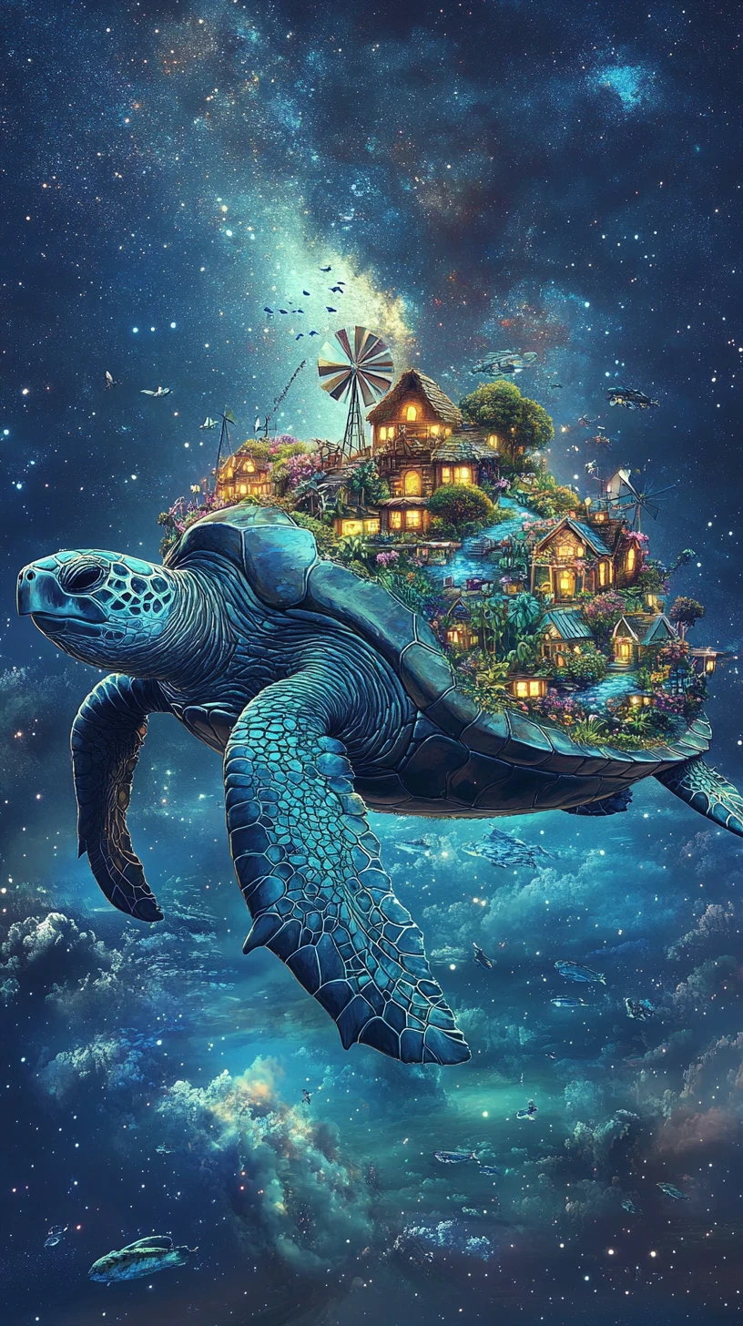 Gigantic sea turtle island drifting across a calm ocean