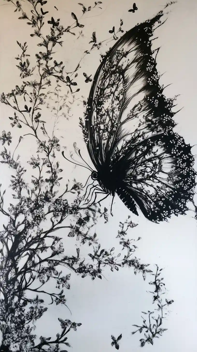 Surreal flowering branches transforming into delicate butterfly wings