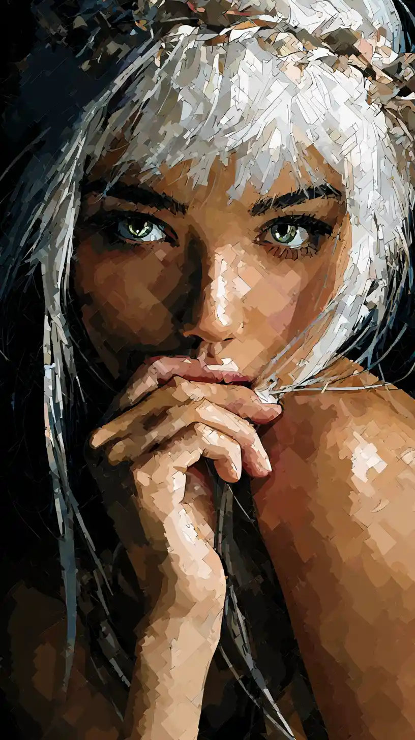 Anime girl with glowing green eyes in abstract halo