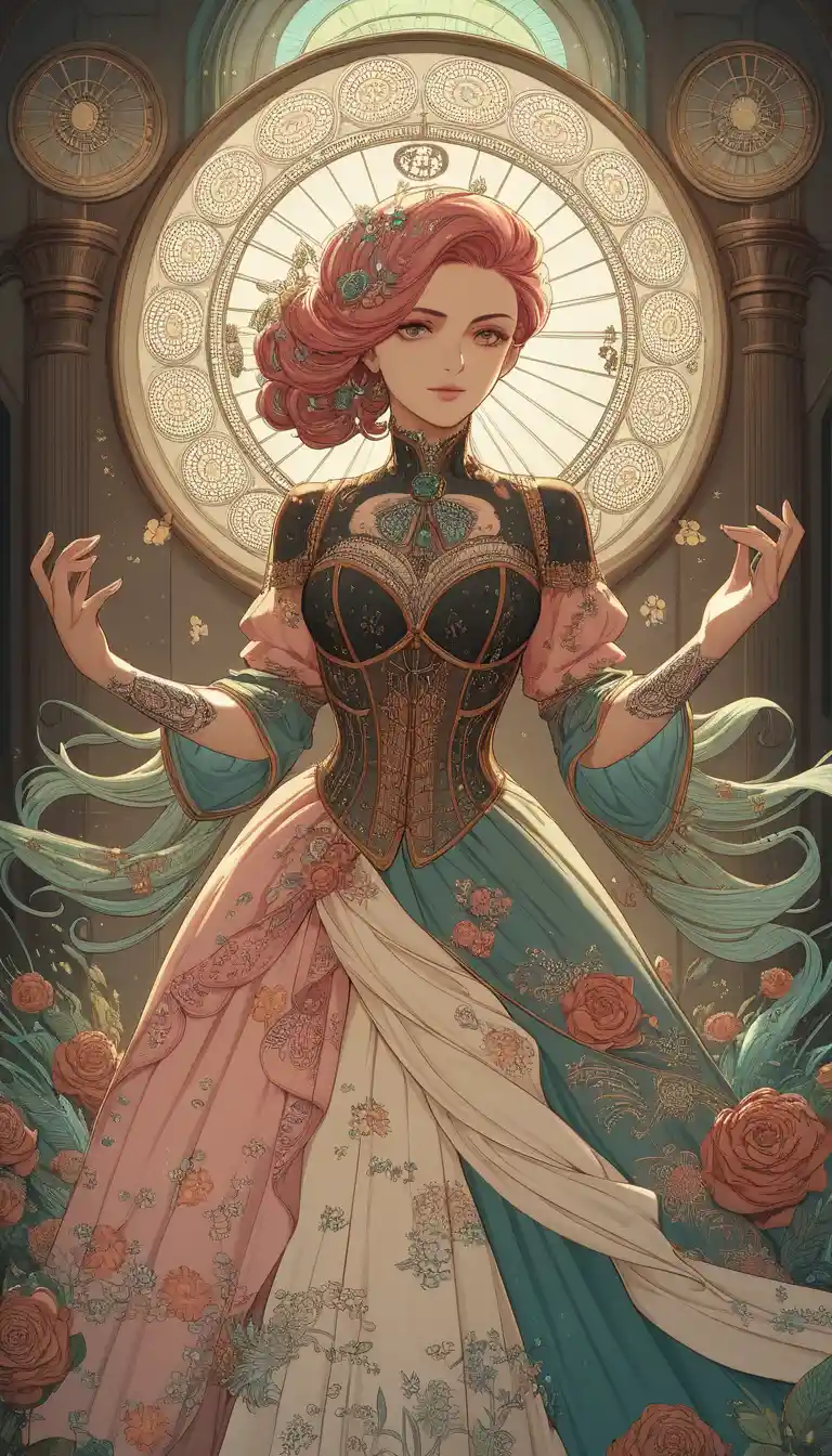 Mysterious woman in a neon steampunk art nouveau alley