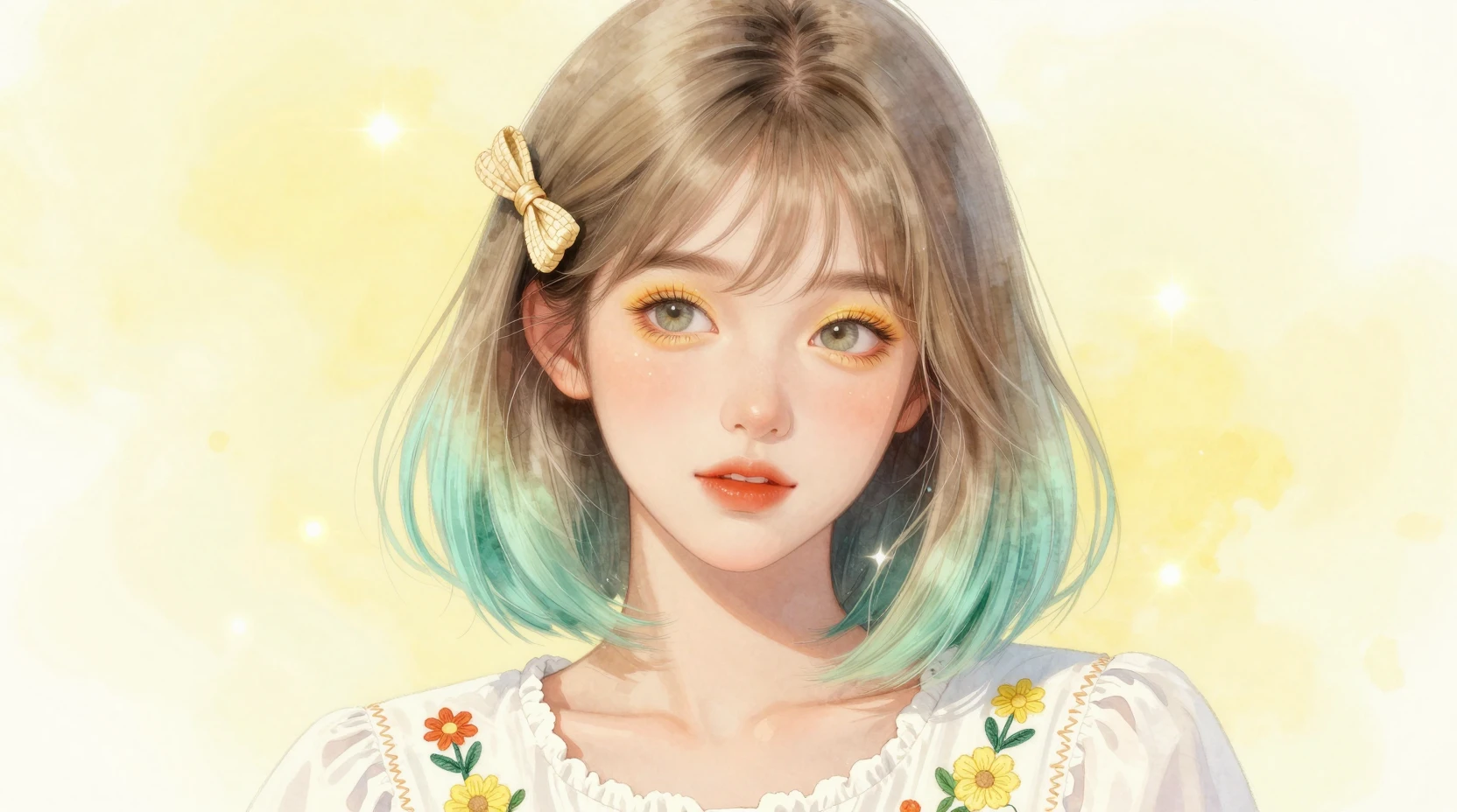 Watercolor close up portrait of girl with pastel hair