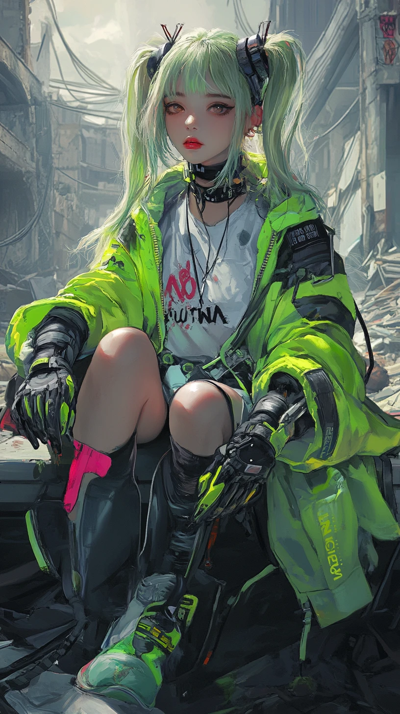 Garota de anime em um banco em uma cidade futurista em ruínas