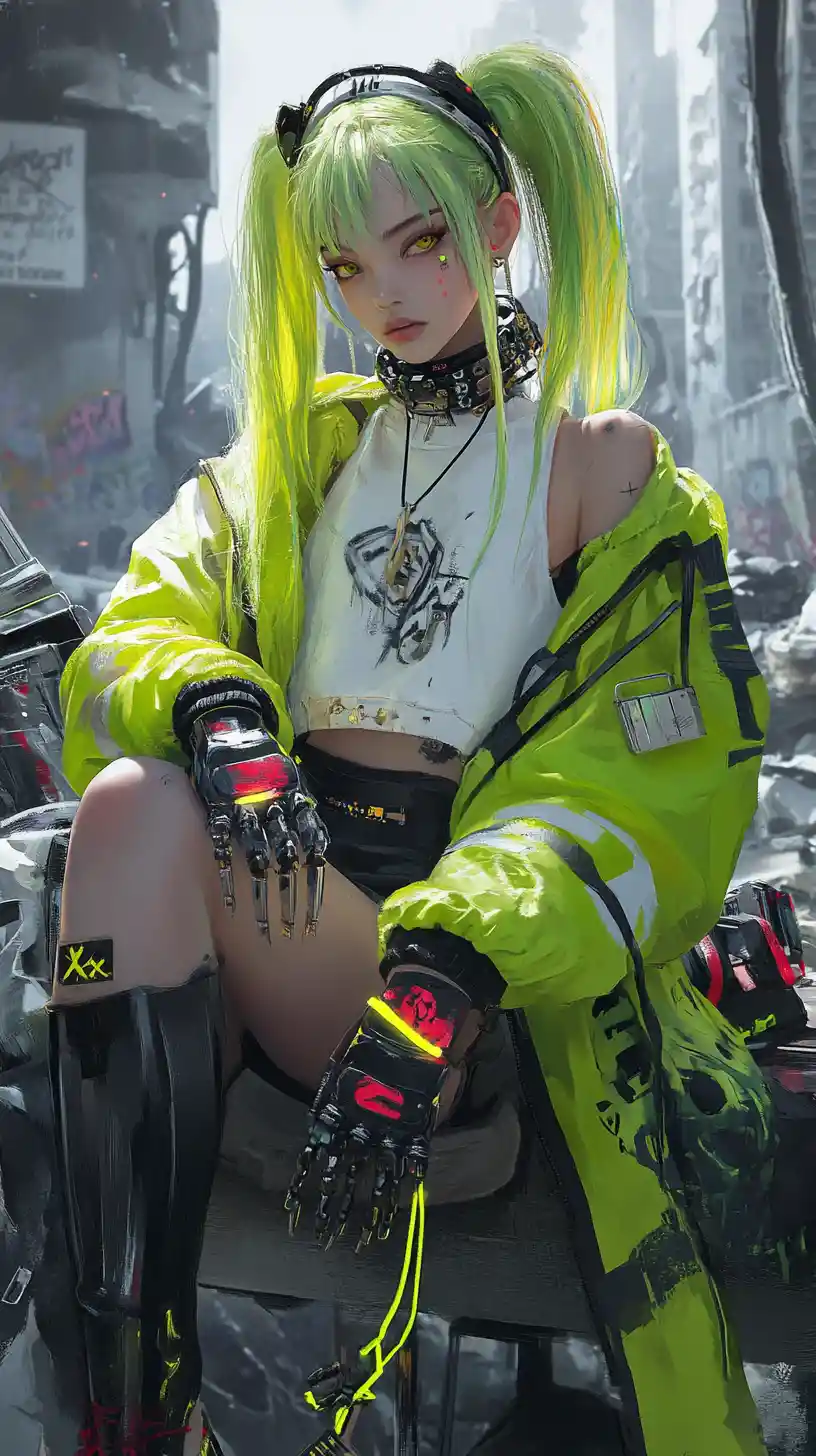 Anime girl resting on a bench in ruined city
