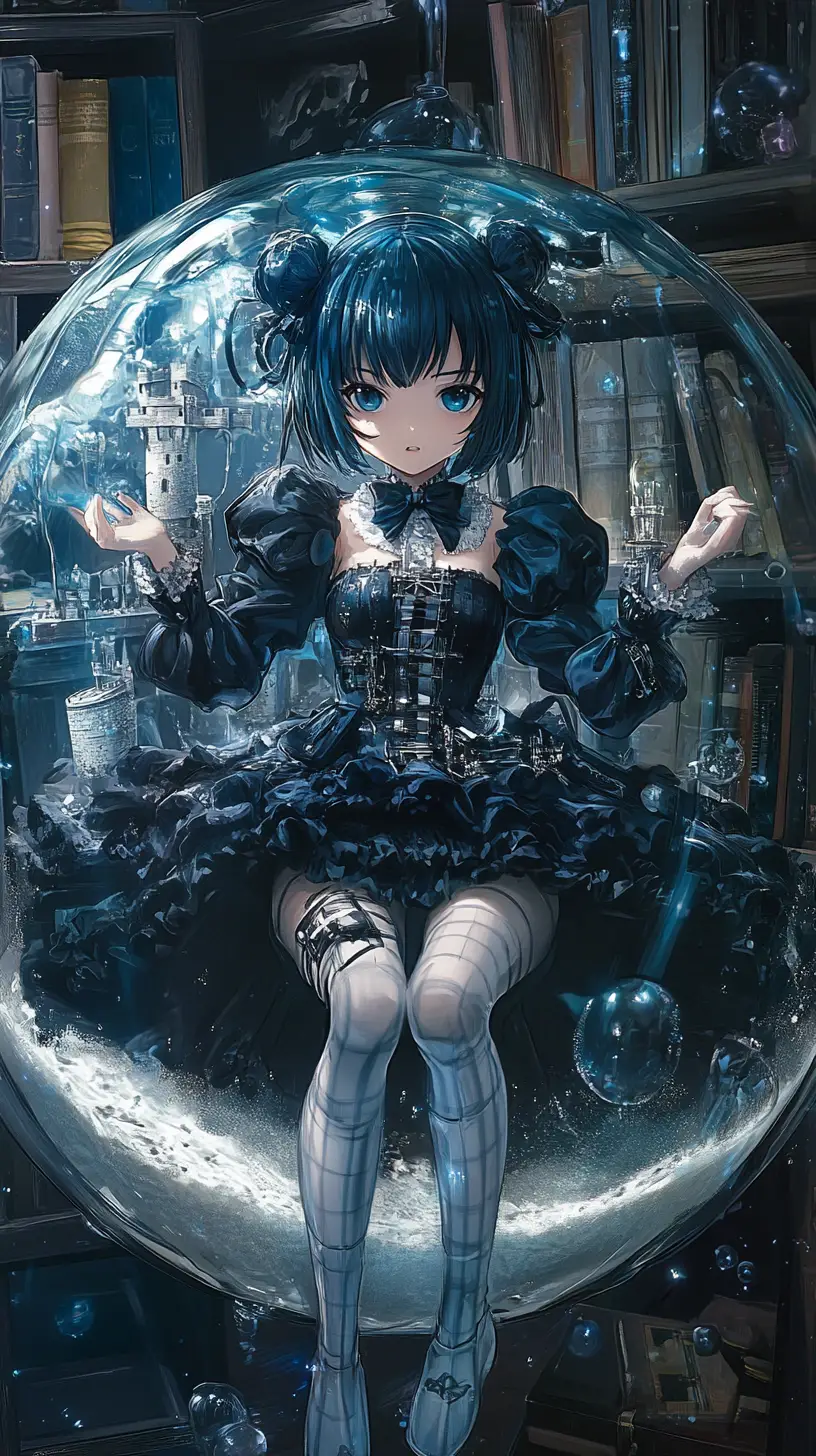Anime girl with mechanical eyes in an elegant dark dress