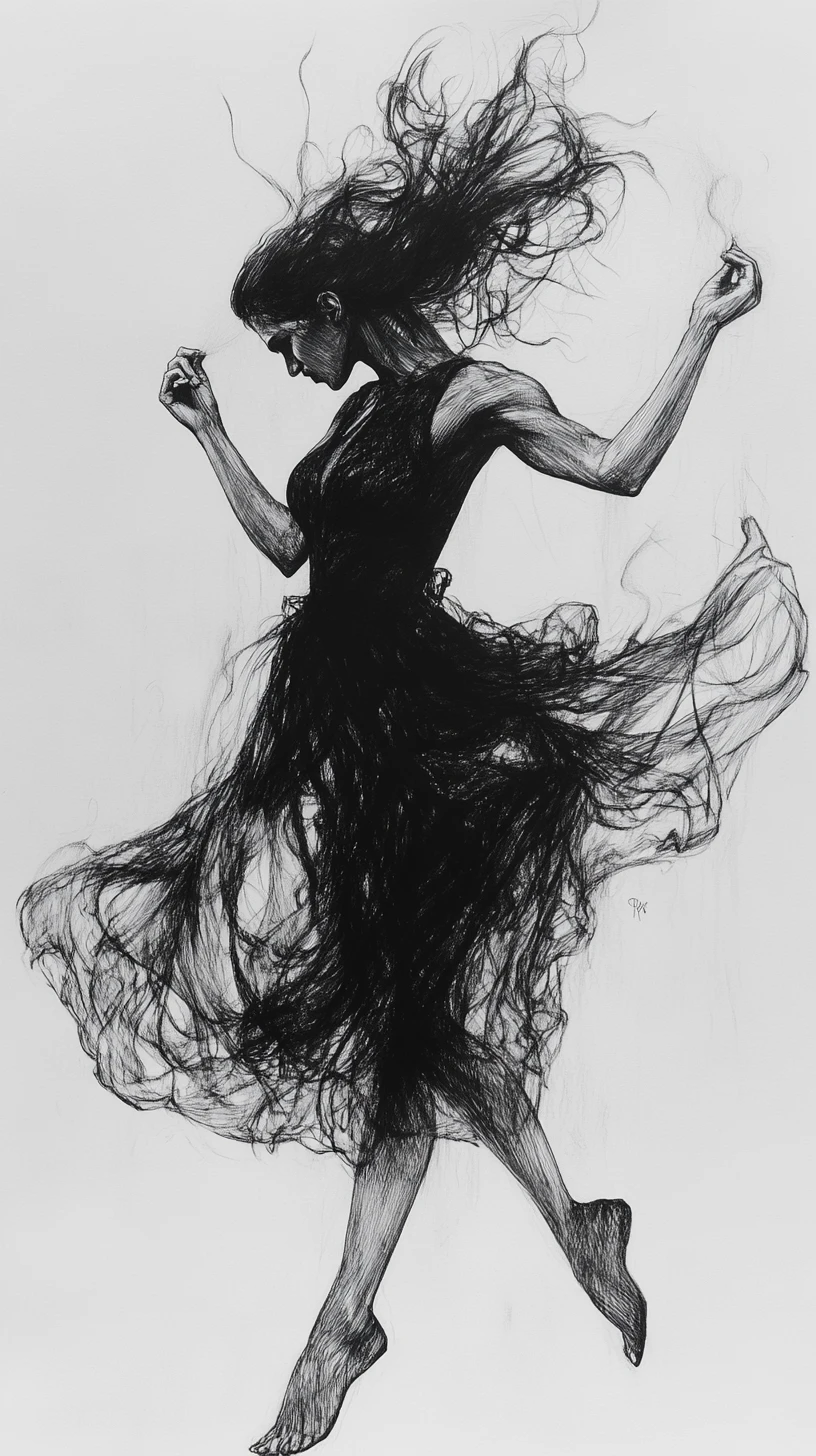 Graphite sketch of a dancing woman dissolving into chaotic motion