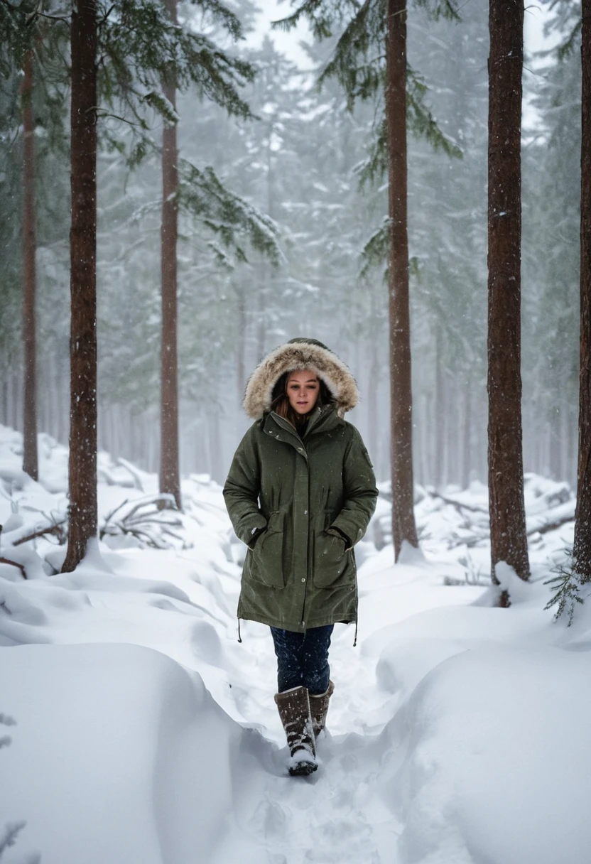 Woman in heavy parka walking through deep snow forest
