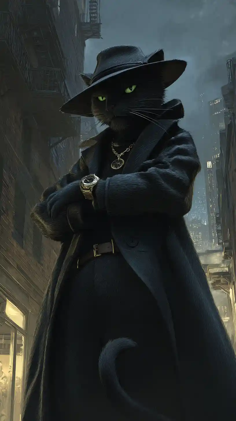 Gangster cat in fedora posing in dusky city alley