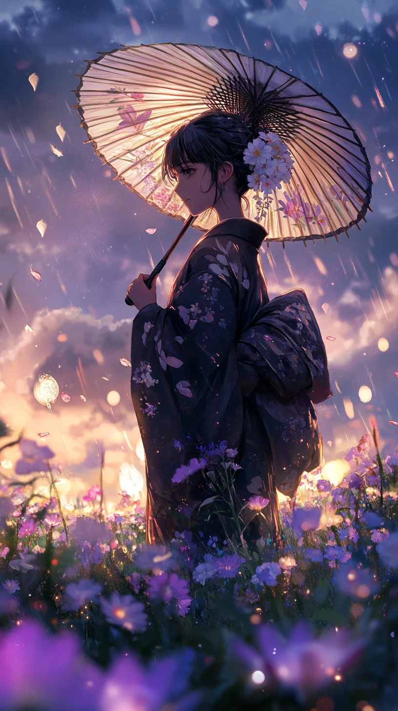 Girl in kimono with parasol in glowing flower field