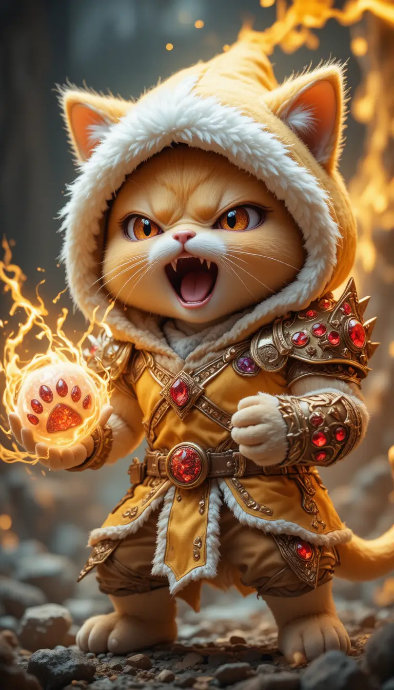 Powerful ragdoll cat warrior with blazing elemental aura
