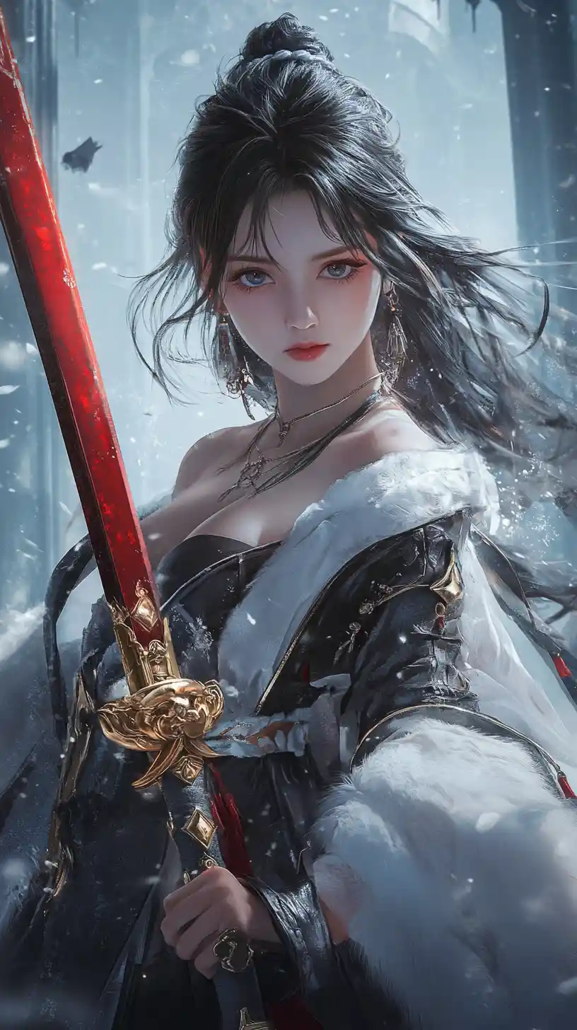 Anime girl wielding a black and red katana in battle stance