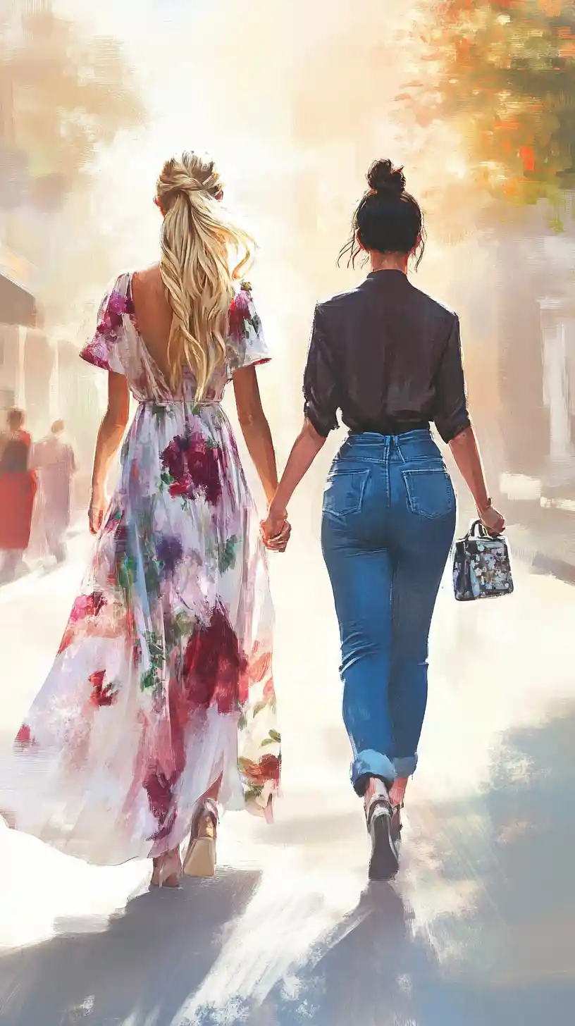 Two stylish women holding hands on a parisian street