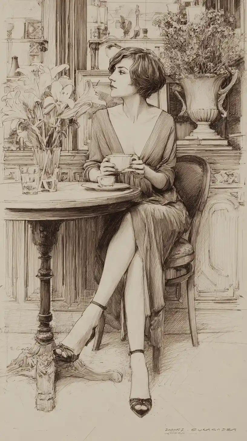 Pensive young woman with coffee in graphite cafe drawing