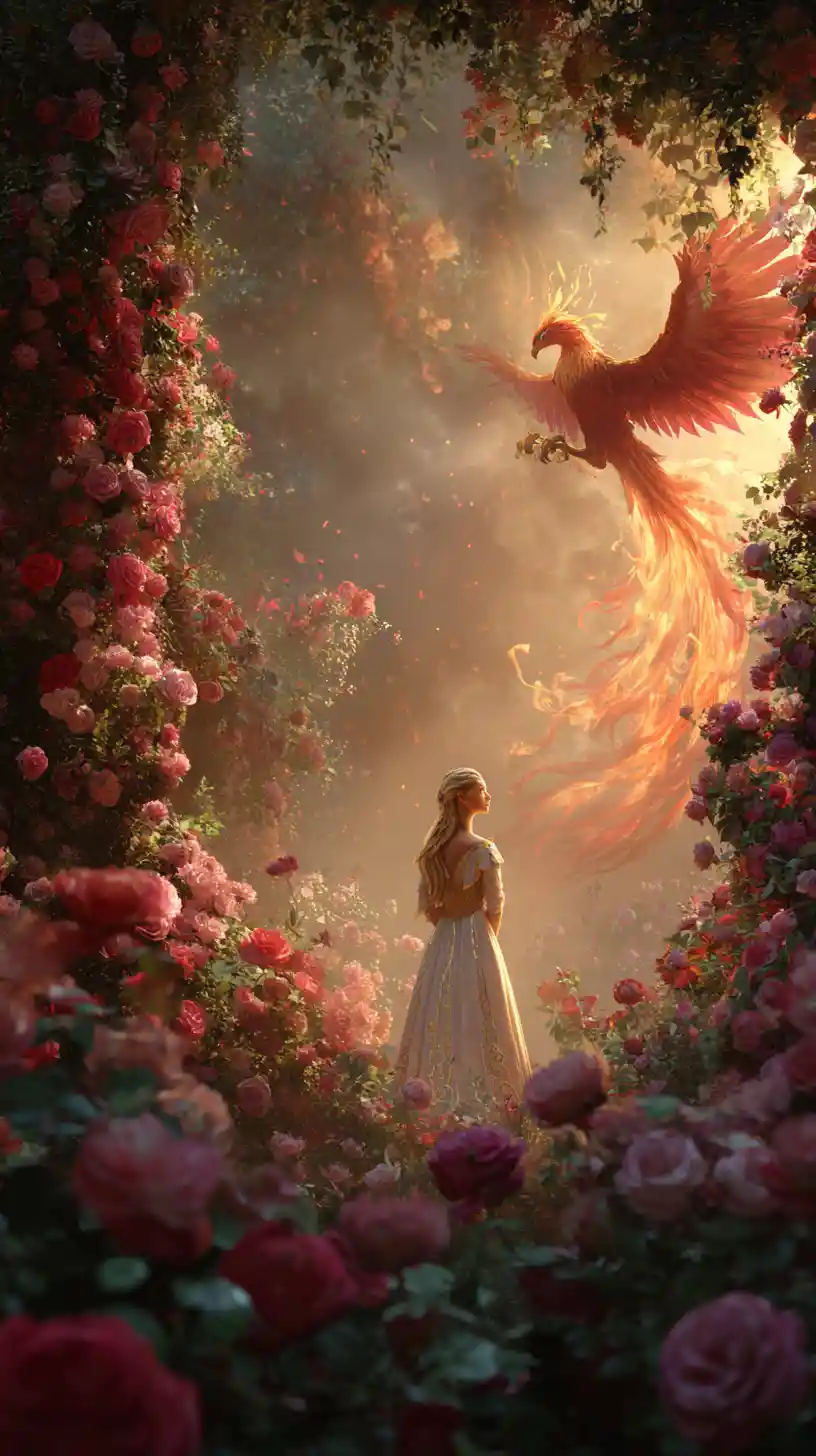 Majestic woman with phoenix in a glowing fantasy garden