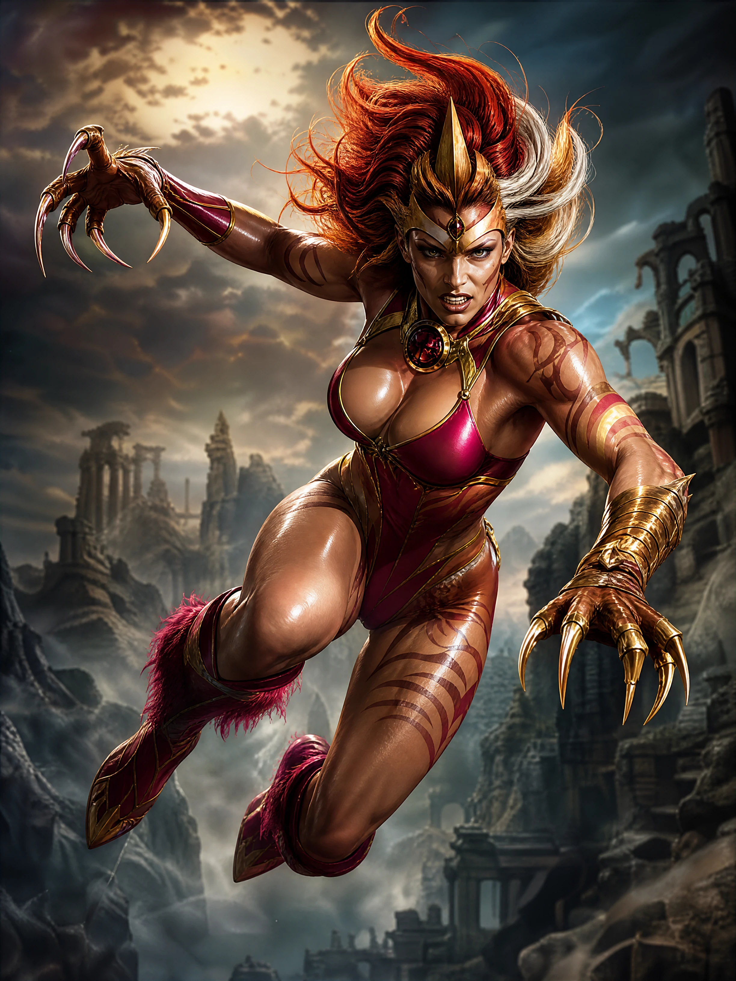 Leaping feline warrior woman in mid air attack pose