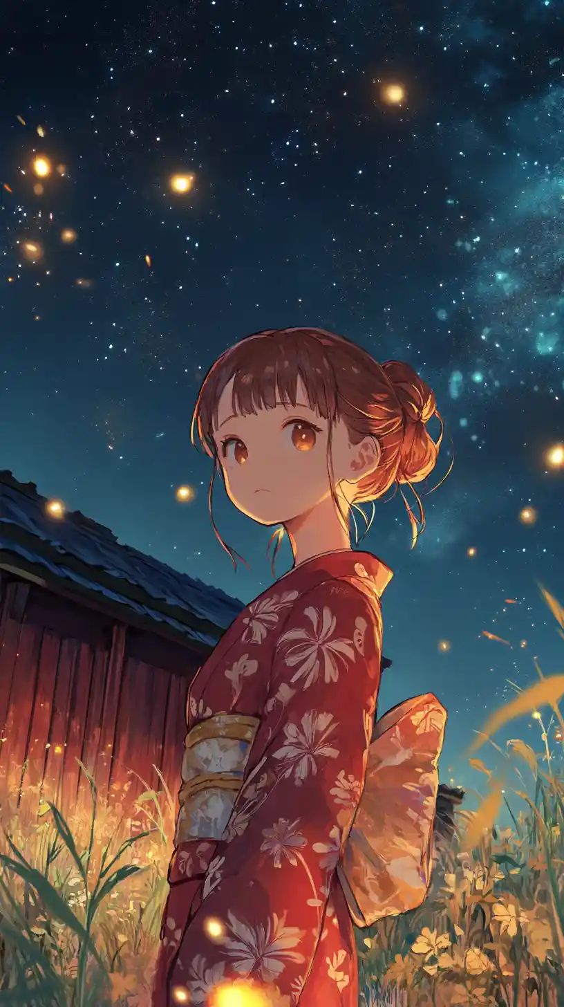 Anime girl in red yukata under a starry night sky