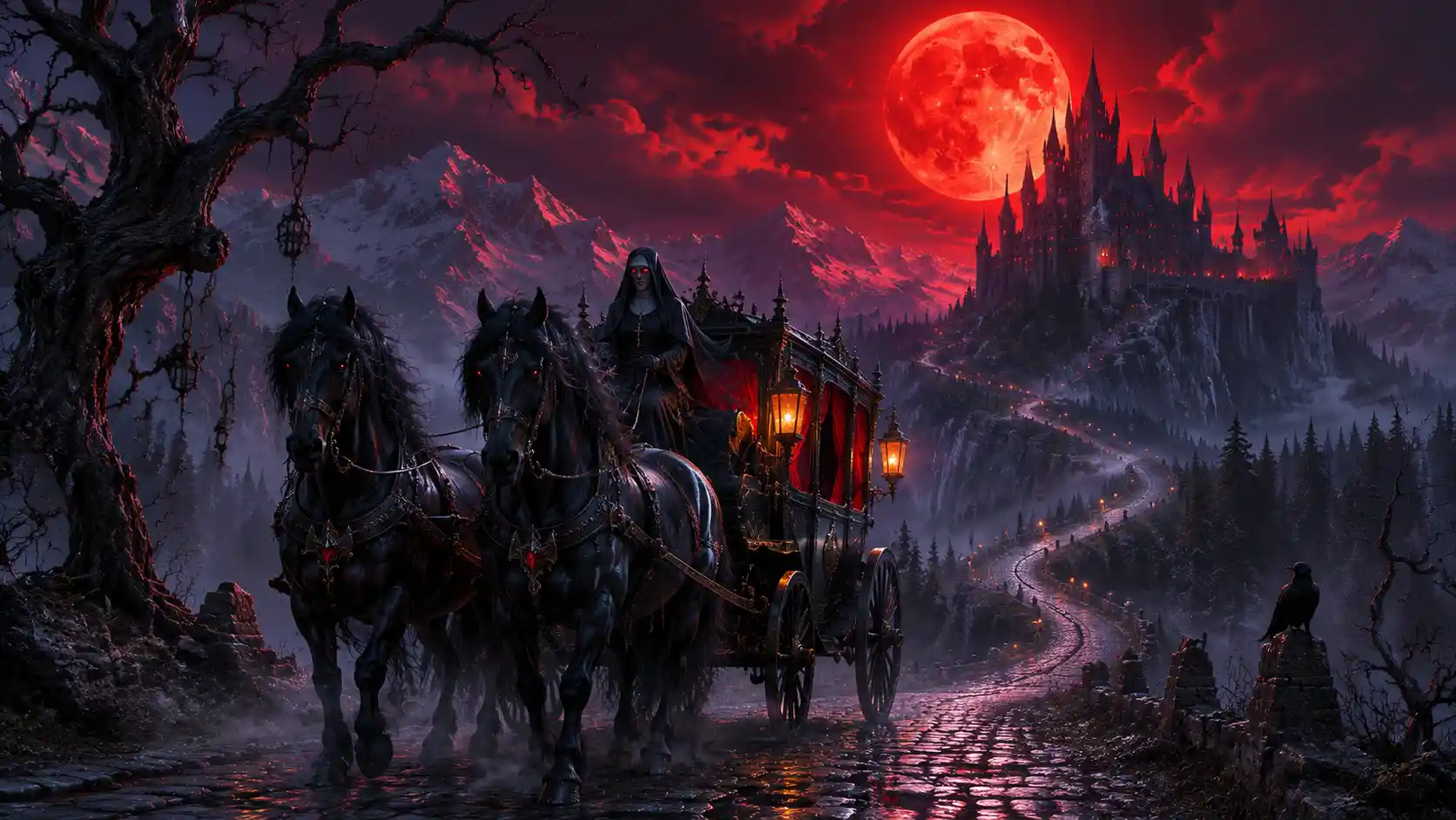 Gothic carriage on winding road beneath blood red moon