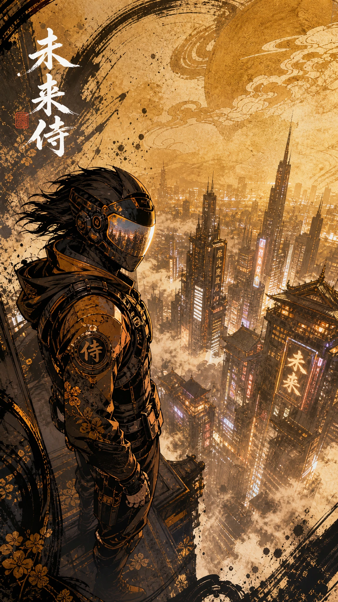 Sci fi soldier on skyscraper above surreal neon city