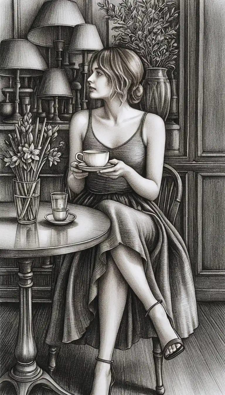 Young woman with coffee cup in graphite cafe scene