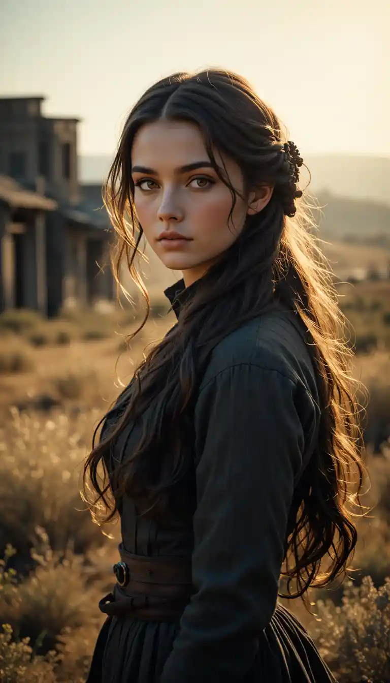 Young woman in golden light before distant factory hills