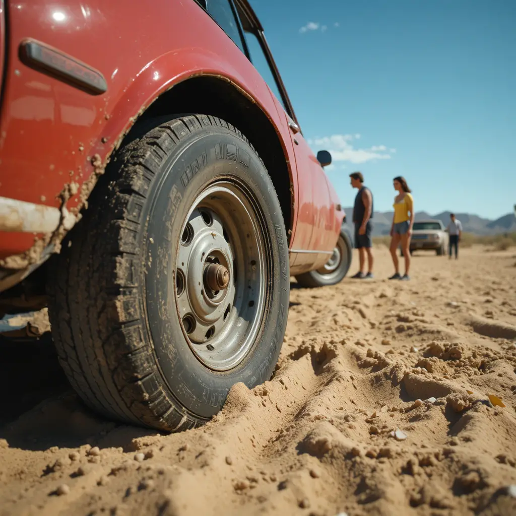 Close up of a stranded car wheel in hot desert