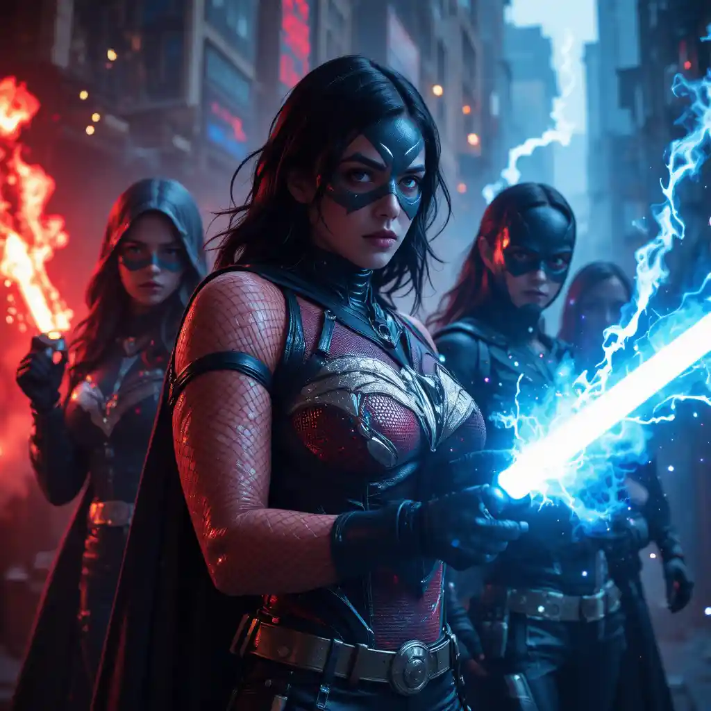 Group of vigilantes confronting corrupt superpowered heroes at night