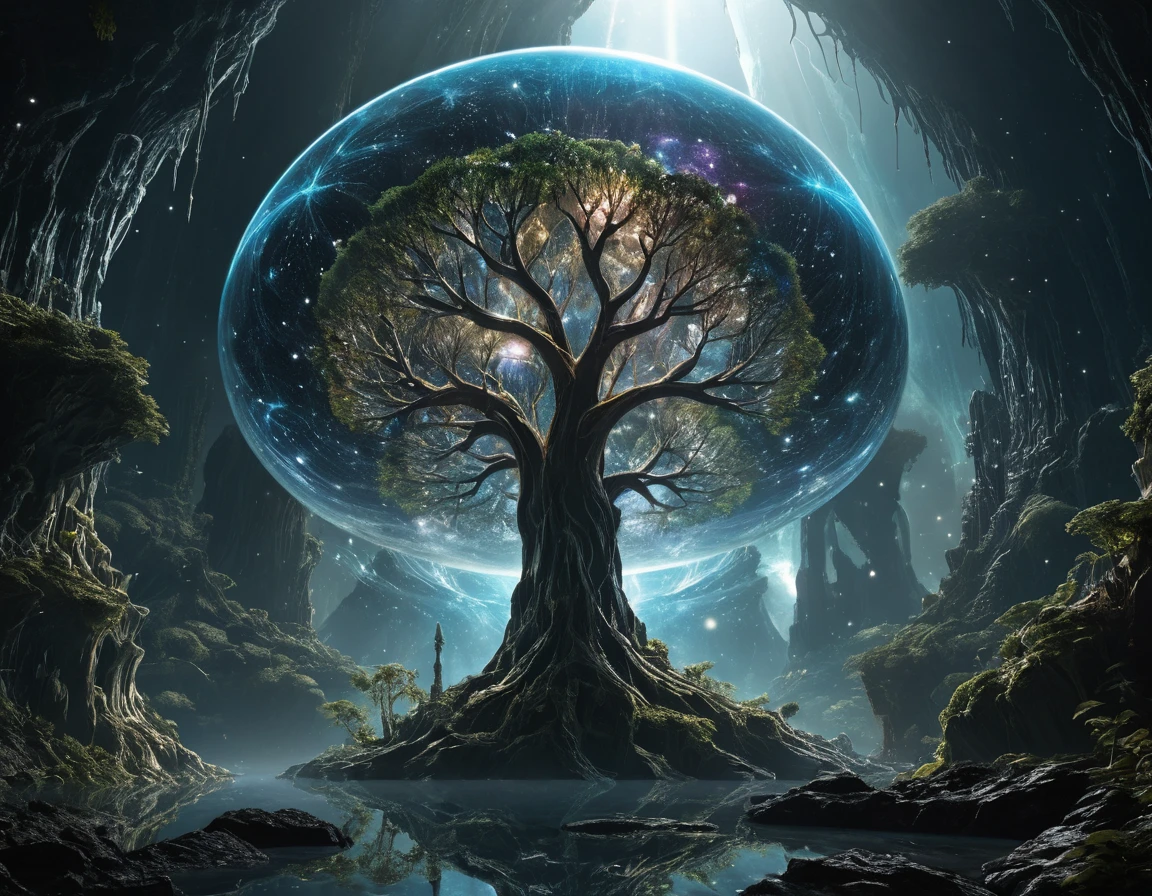 Colossal world tree growing through a shattered neutron star