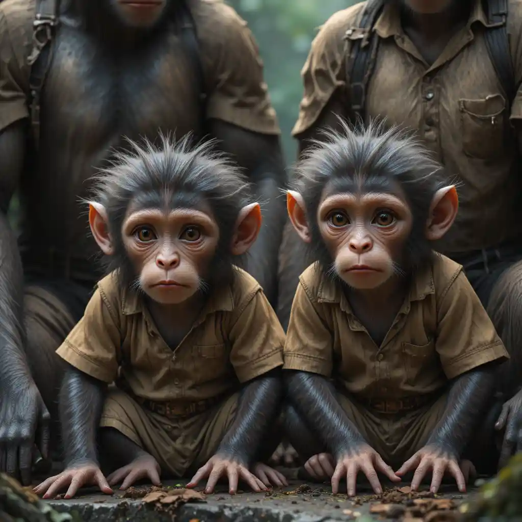 Sad monkey family sitting together in a jungle clearing