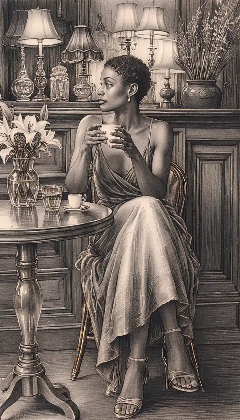Pensive young woman with coffee in graphite cafe drawing