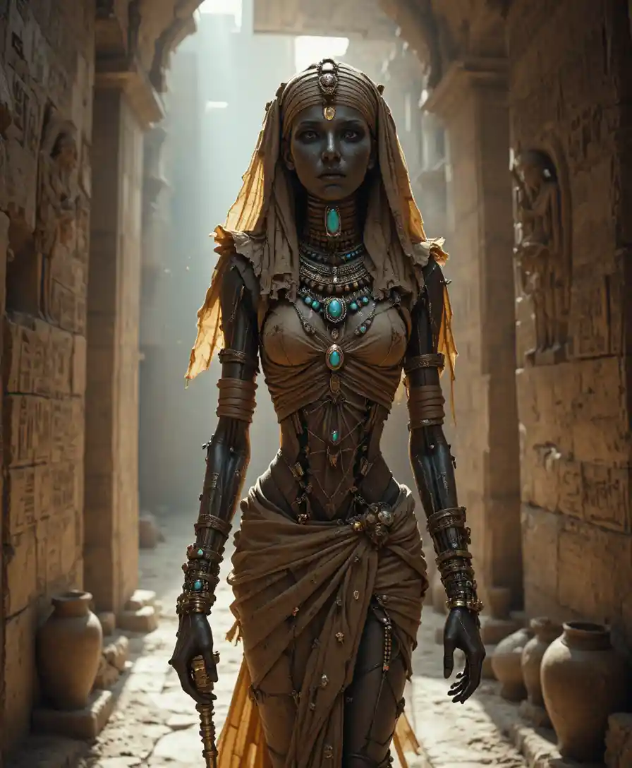 Opulent egyptian mummy woman in a sunlit tomb corridor