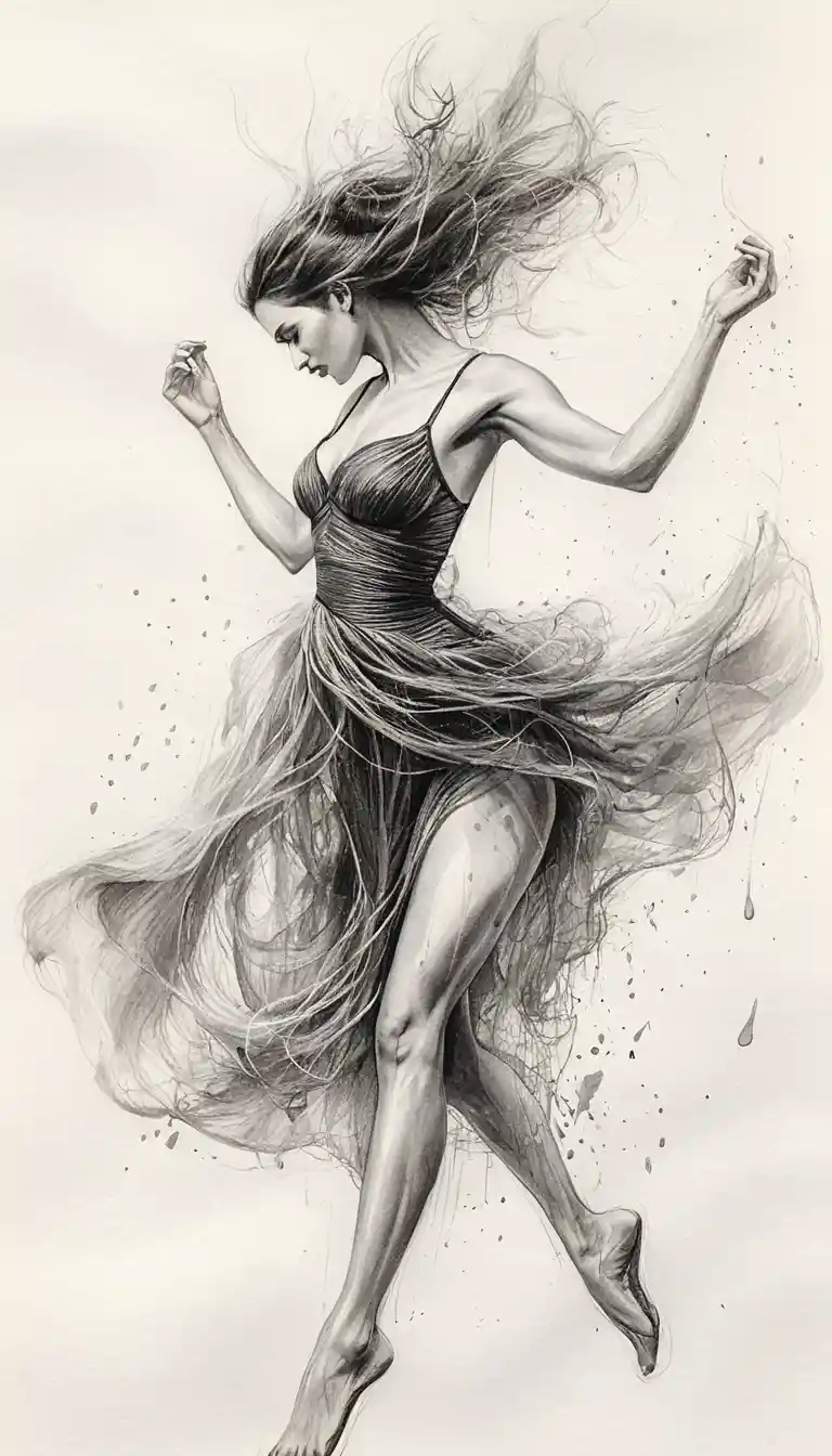 Ethereal female dancer in dynamic graphite vortex motion