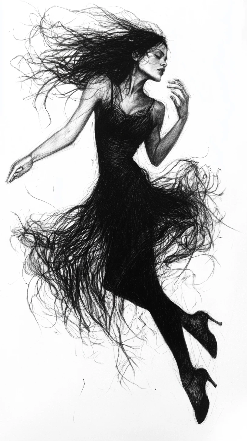 Graphite sketch of a dancer in swirling chaotic motion