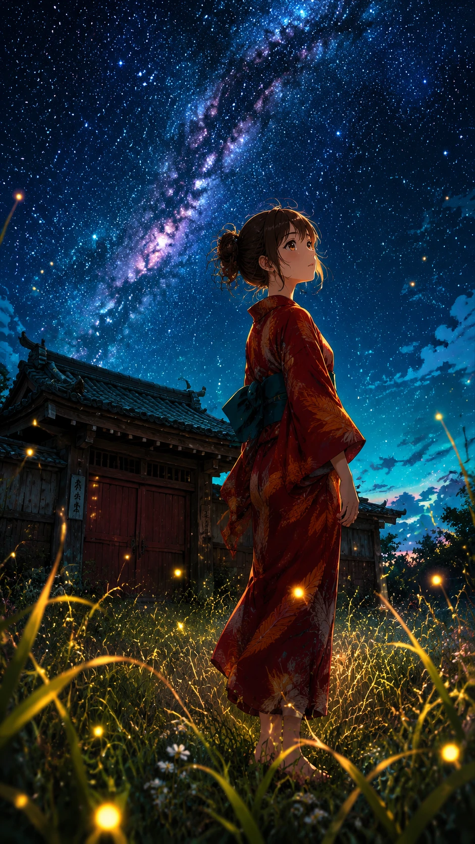 Anime girl in red yukata under starry summer sky