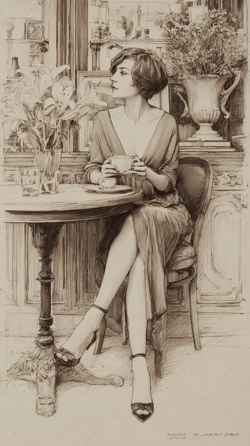 Pensive young woman with coffee in graphite cafe drawing