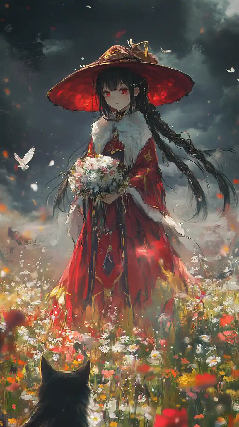 Anime girl walking with a cat through a flower meadow