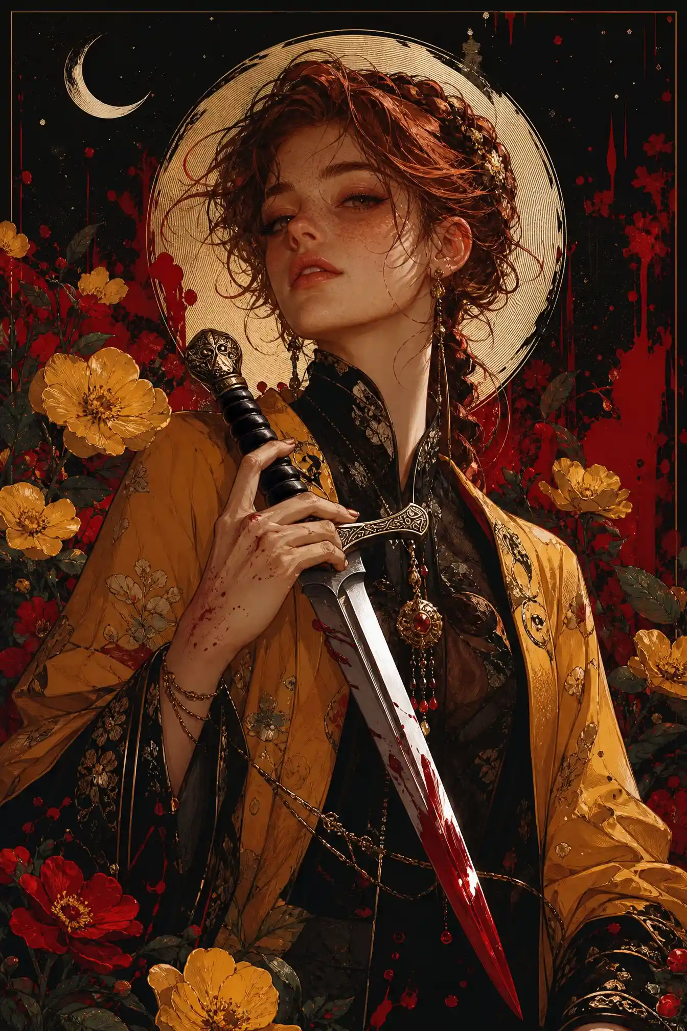 Fantasy woman in ceremonial fashion with symbolic background