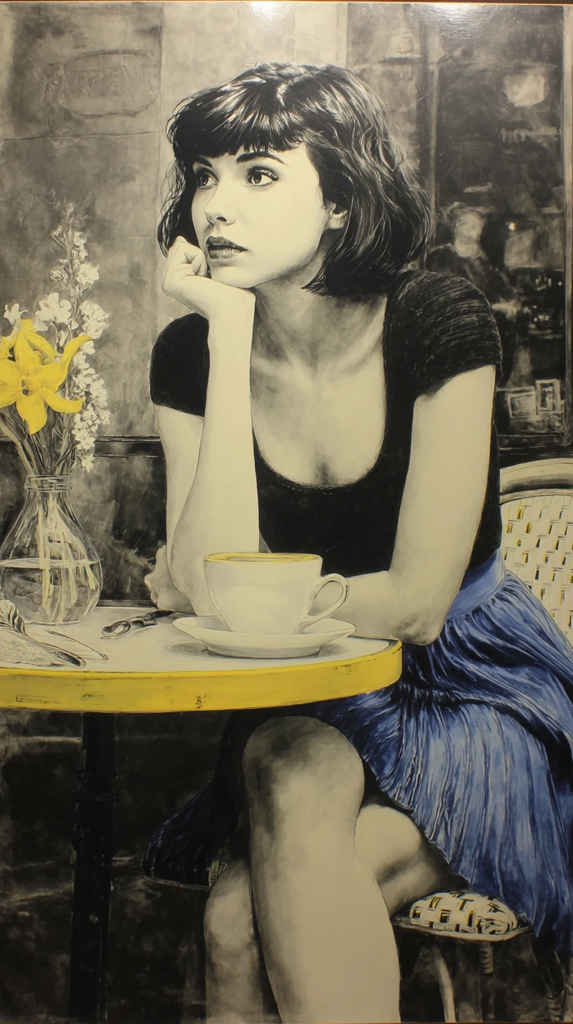 Young woman in a cafe drawn in colored pencil