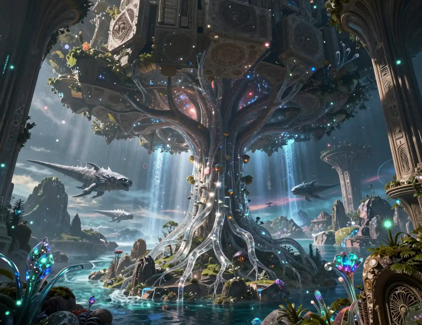 Colossal living world tree rising through a shattered star