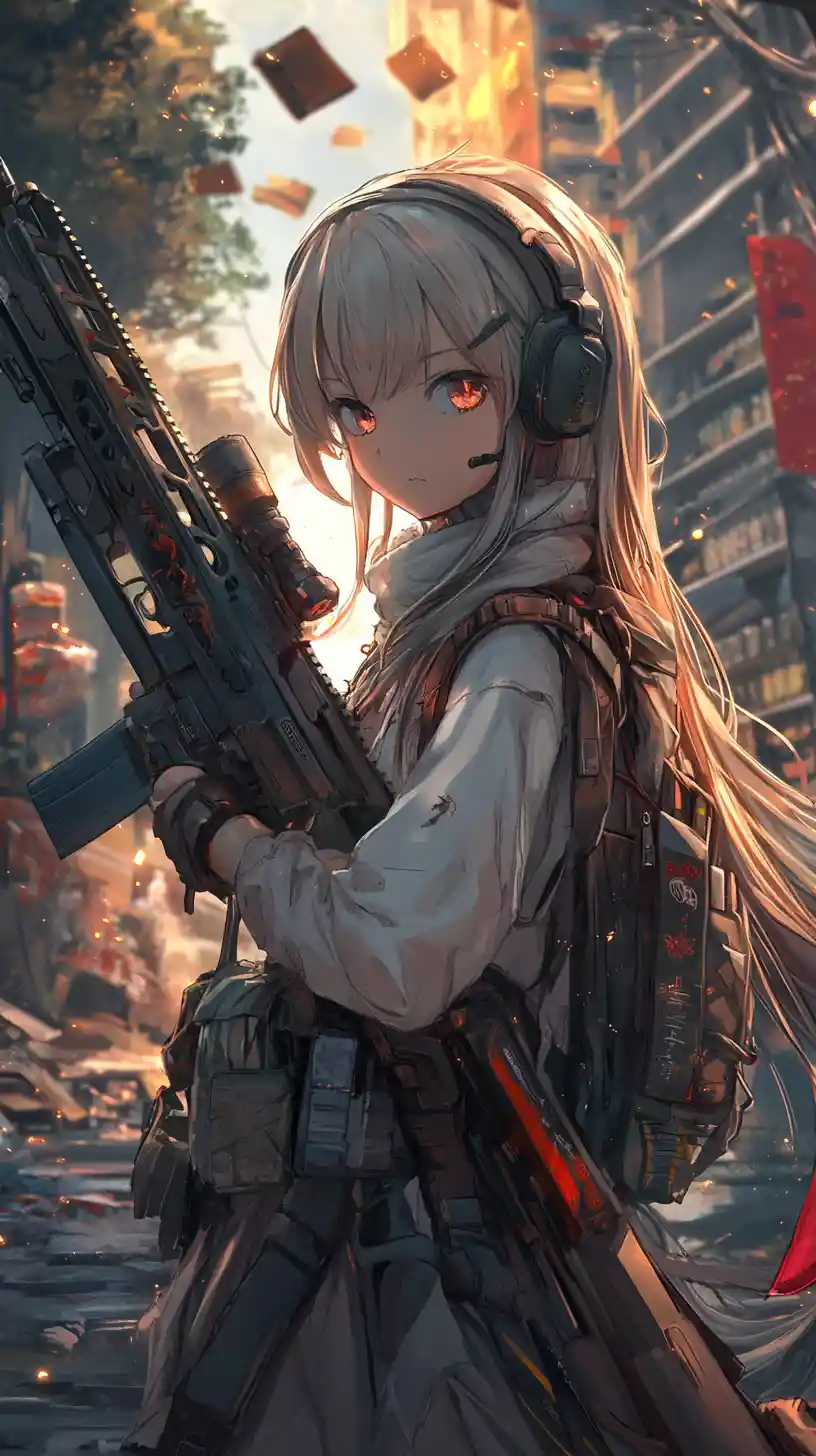 Anime girl holding worn assault rifle at night ruins