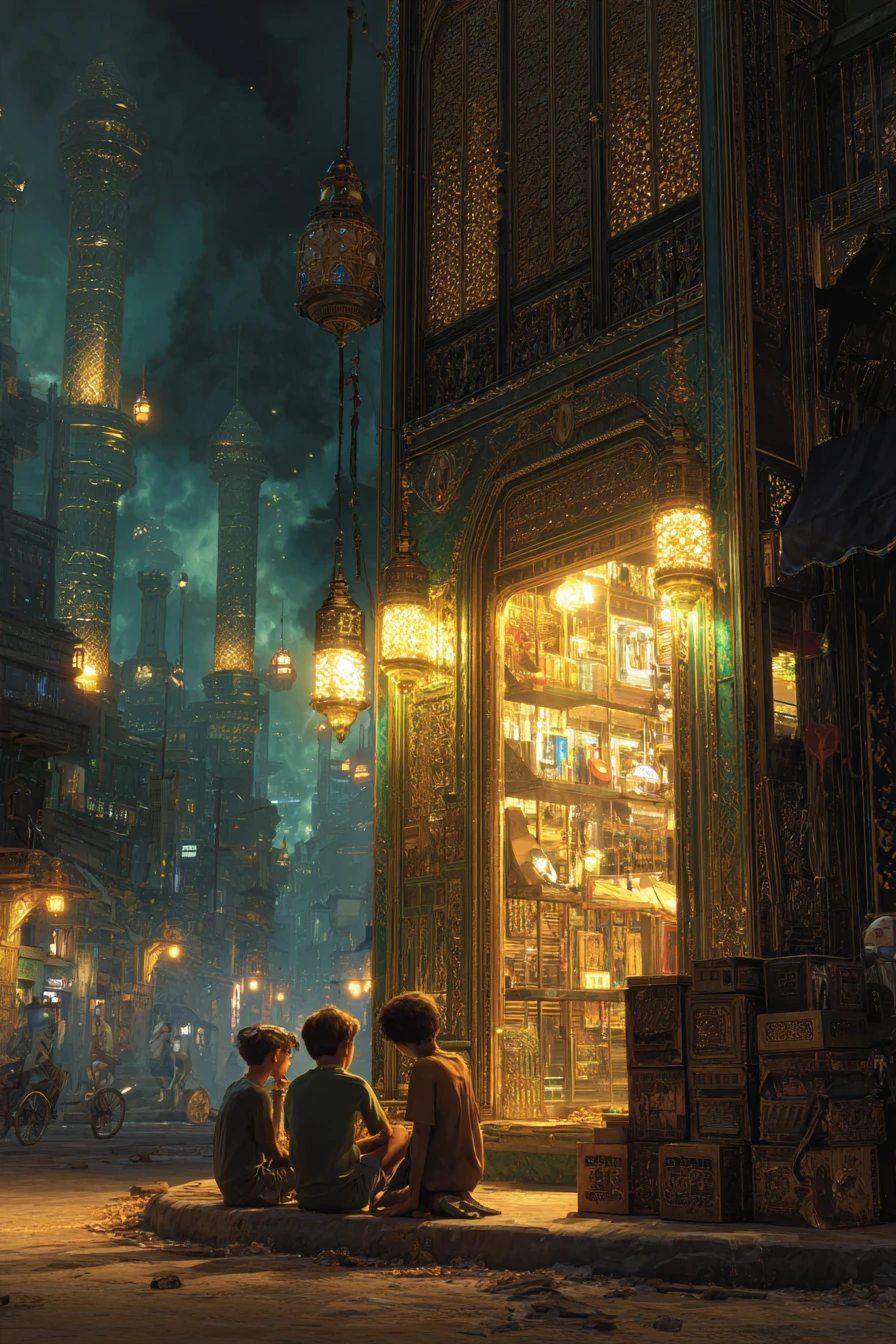 Three boys resting by a golden storefront in retro city
