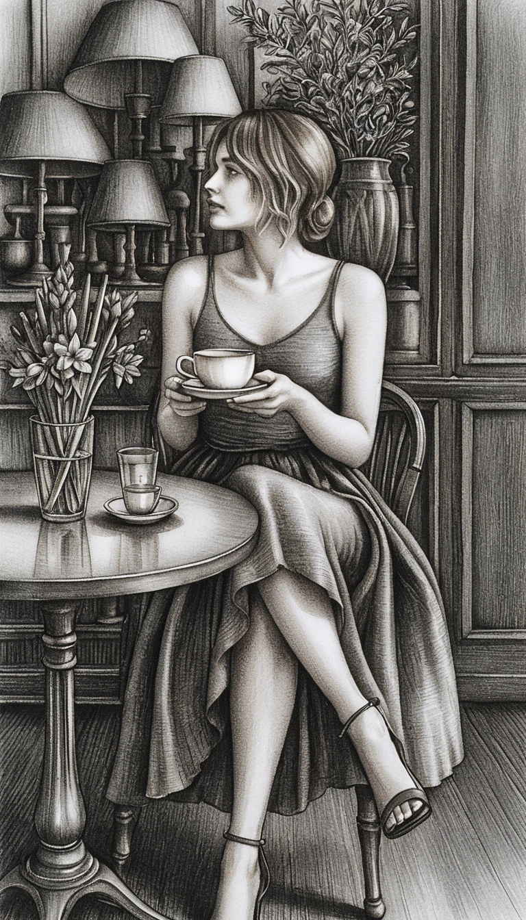 Young woman with coffee cup in graphite cafe scene