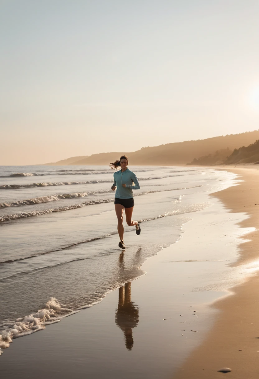 Woman jogging along a quiet beach at golden hour