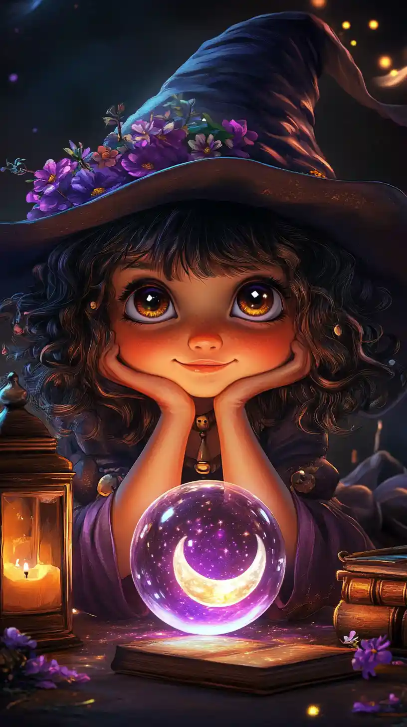 Chibi-Hexe, die in eine leuchtende violette Kristallkugel blickt