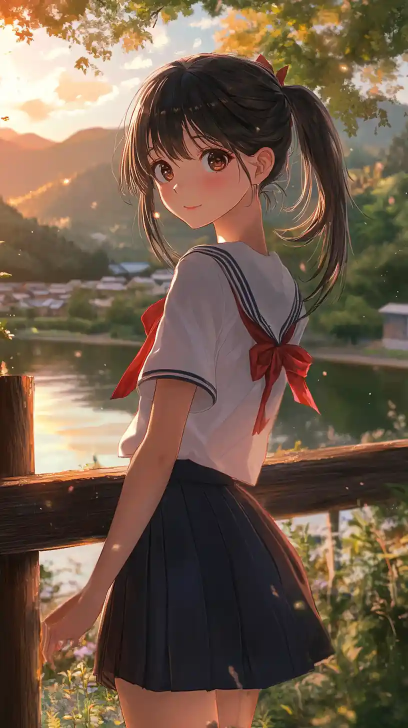 Anime schoolgirl by a sunlit lakeside fence at dusk