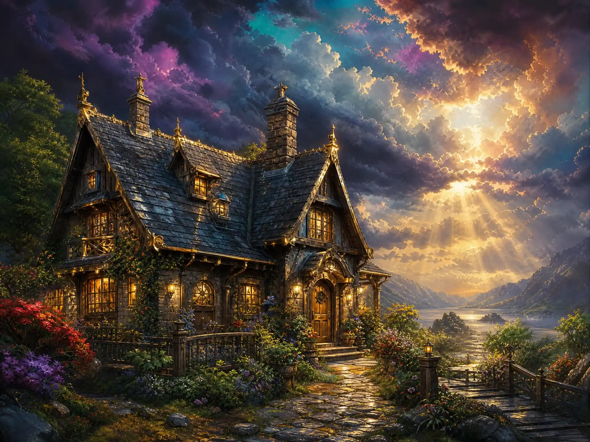 Charmant Cottage sous un Ciel de Fantaisie Orageux et Dramatique